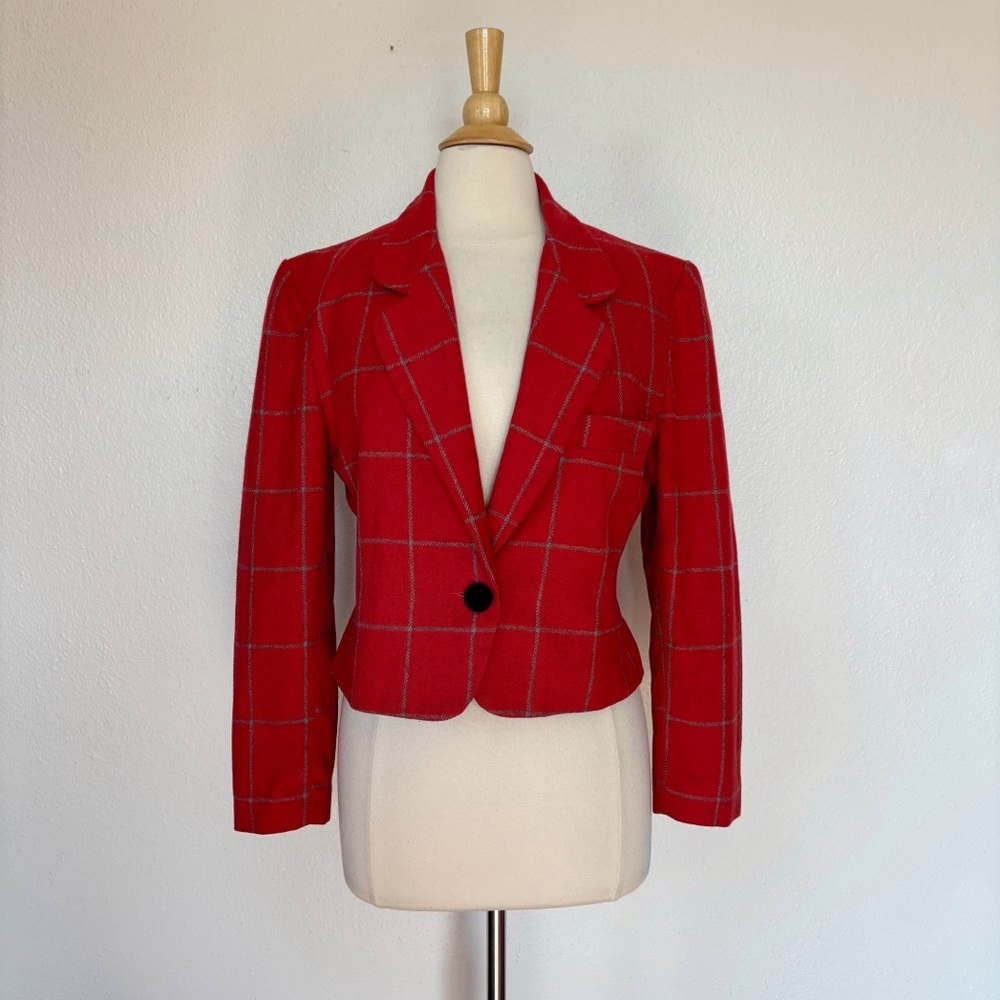 Vintage 1993 Red & Grey Plaid Wool Blend Blazer